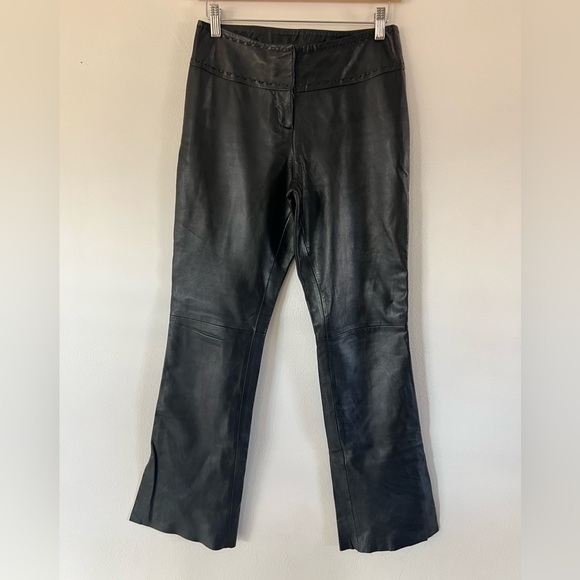 Cache VIntage Black Leather Flare Leg Split Cuff Low Rise Pants Size 2 - Picture 6 of 13